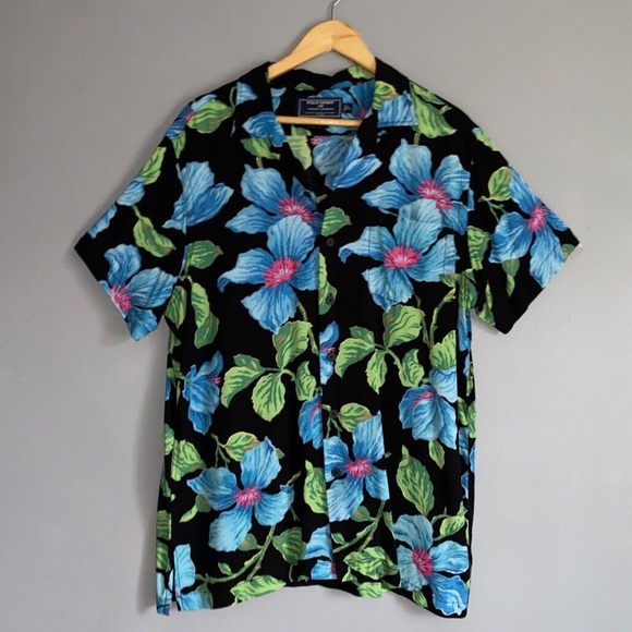 Men's Large POLO SPORT Black Blue Hibiscus Hawaiian Shirt - Picture 1 of 8